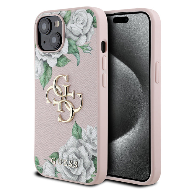 Apple iPhone 15 Kılıf Guess Orjinal Lisanslı Gül Baskılı Büyük Metal Logo Dizaynlı Kapak