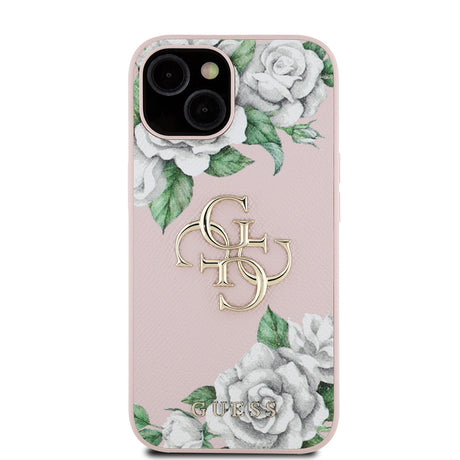 Apple iPhone 15 Kılıf Guess Orjinal Lisanslı Gül Baskılı Büyük Metal Logo Dizaynlı Kapak