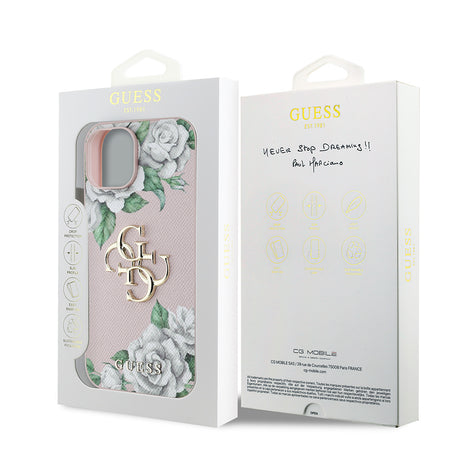 Apple iPhone 15 Kılıf Guess Orjinal Lisanslı Gül Baskılı Büyük Metal Logo Dizaynlı Kapak