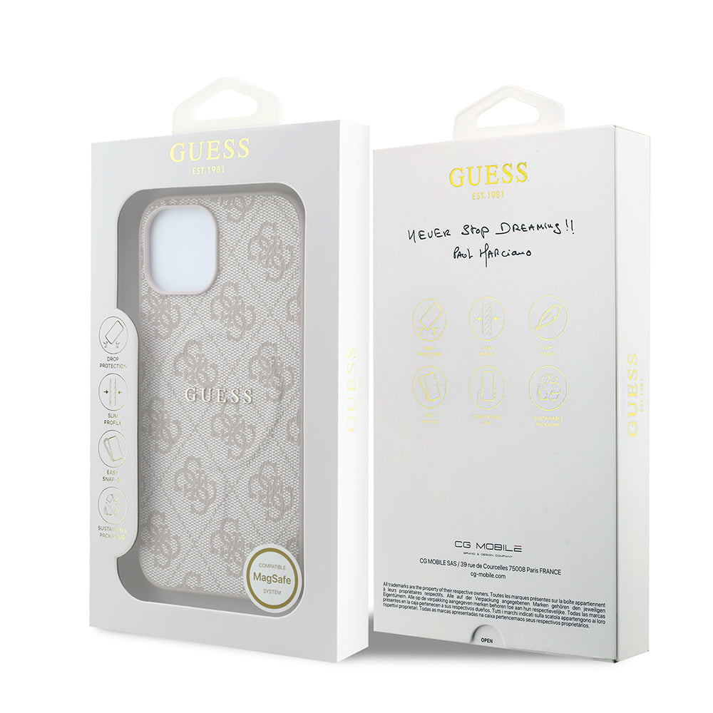 Apple iPhone 15 Kılıf Guess Orjinal Lisanslı M-safe Kabartmalı 4G Desenli Yazı Logolu Kapak