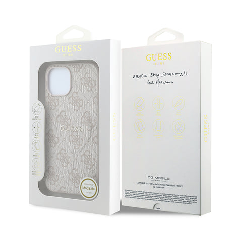 Apple iPhone 15 Kılıf Guess Orjinal Lisanslı M-safe Kabartmalı 4G Desenli Yazı Logolu Kapak