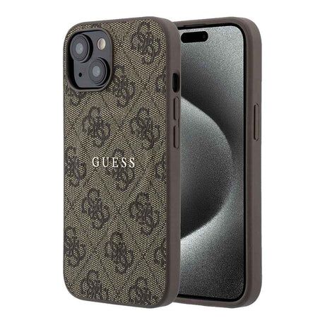 Apple iPhone 15 Kılıf Guess Orjinal Lisanslı M-safe Kabartmalı 4G Desenli Yazı Logolu Kapak