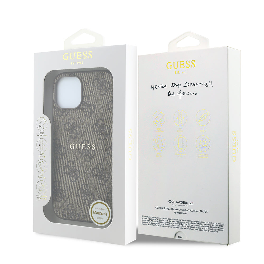 Apple iPhone 15 Kılıf Guess Orjinal Lisanslı M-safe Kabartmalı 4G Desenli Yazı Logolu Kapak