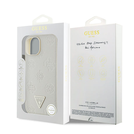 Apple iPhone 15 Kılıf Guess Orjinal Lisanslı M-safe Şarj Özellikli Sıcak Baskılı Üçgen Logolu PU Deri Peony Kapak