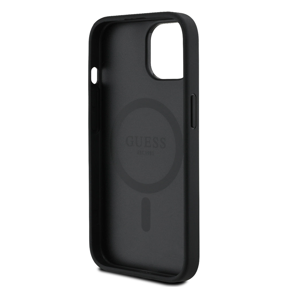 Apple iPhone 15 Kılıf Guess Orjinal Lisanslı M-safe Şarj Özellikli Sıcak Baskılı Üçgen Logolu PU Deri Peony Kapak