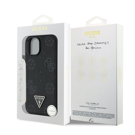 Apple iPhone 15 Kılıf Guess Orjinal Lisanslı M-safe Şarj Özellikli Sıcak Baskılı Üçgen Logolu PU Deri Peony Kapak