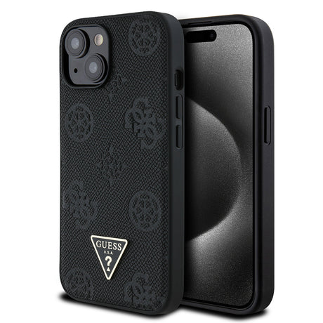 Apple iPhone 15 Kılıf Guess Orjinal Lisanslı M-safe Şarj Özellikli Sıcak Baskılı Üçgen Logolu PU Deri Peony Kapak