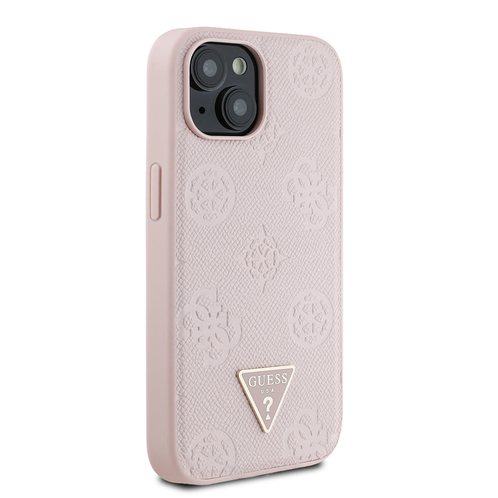 Apple iPhone 15 Kılıf Guess Orjinal Lisanslı M-safe Şarj Özellikli Sıcak Baskılı Üçgen Logolu PU Deri Peony Kapak