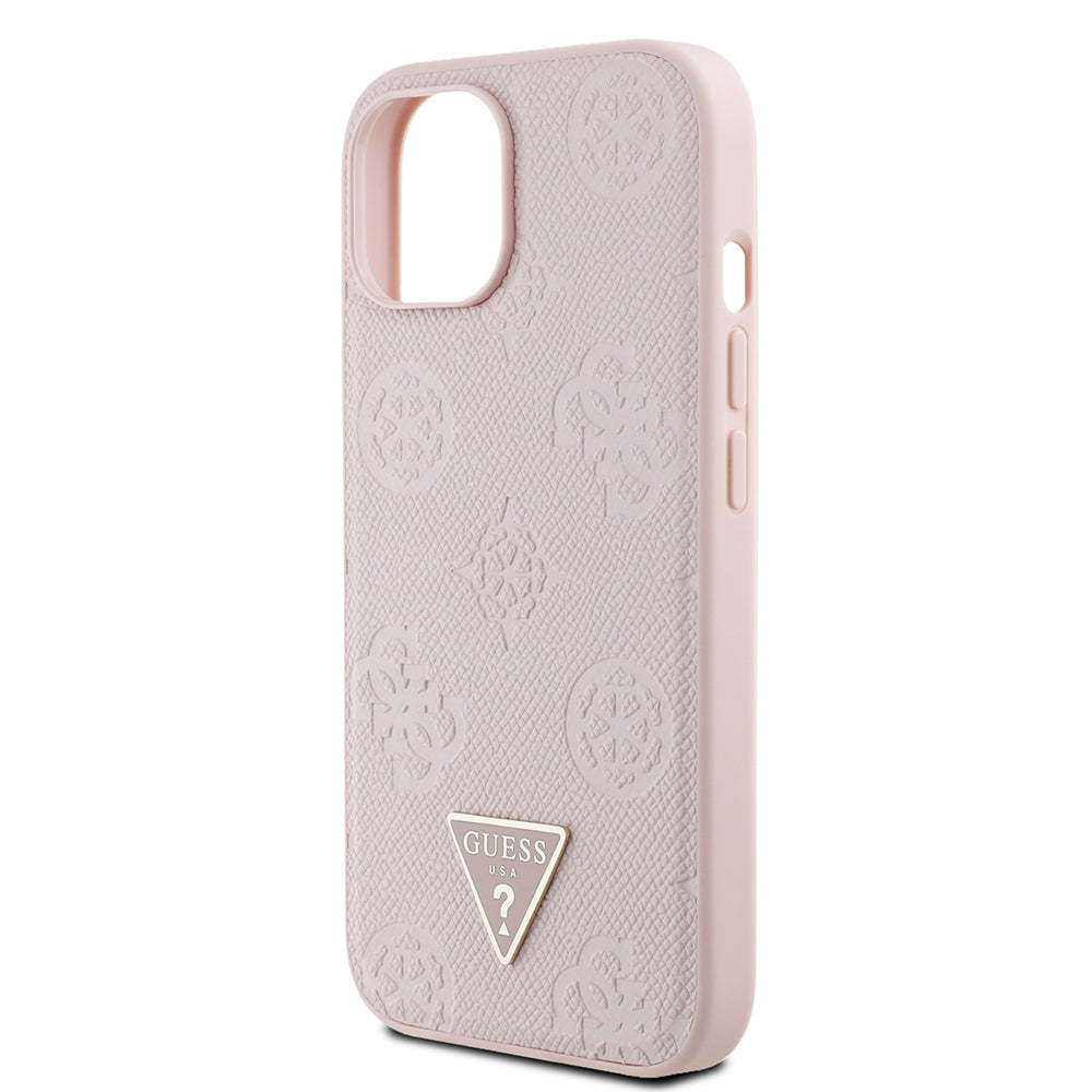 Apple iPhone 15 Kılıf Guess Orjinal Lisanslı M-safe Şarj Özellikli Sıcak Baskılı Üçgen Logolu PU Deri Peony Kapak