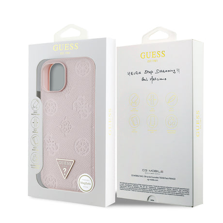 Apple iPhone 15 Kılıf Guess Orjinal Lisanslı M-safe Şarj Özellikli Sıcak Baskılı Üçgen Logolu PU Deri Peony Kapak