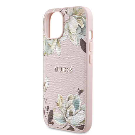 Apple iPhone 15 Kılıf Guess Orjinal Lisanslı M-safe Şarj Özellikli Taneli Çiçek Tasarımlı Metal Yazı Logolu Kapak