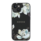 Apple iPhone 15 Kılıf Guess Orjinal Lisanslı M-safe Şarj Özellikli Taneli Çiçek Tasarımlı Metal Yazı Logolu Kapak