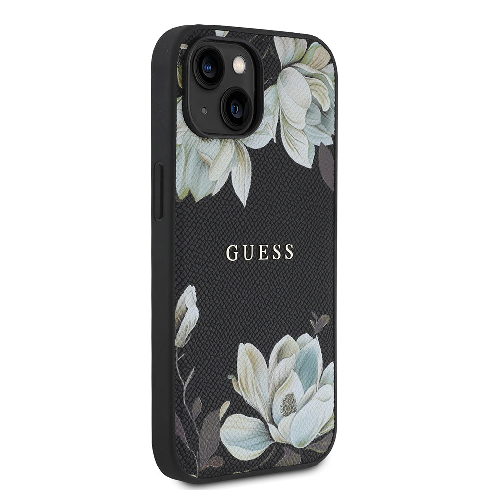 Apple iPhone 15 Kılıf Guess Orjinal Lisanslı M-safe Şarj Özellikli Taneli Çiçek Tasarımlı Metal Yazı Logolu Kapak