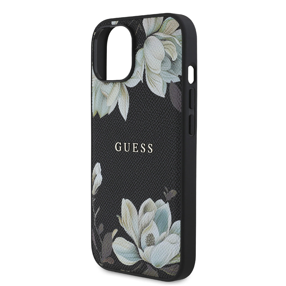 Apple iPhone 15 Kılıf Guess Orjinal Lisanslı M-safe Şarj Özellikli Taneli Çiçek Tasarımlı Metal Yazı Logolu Kapak