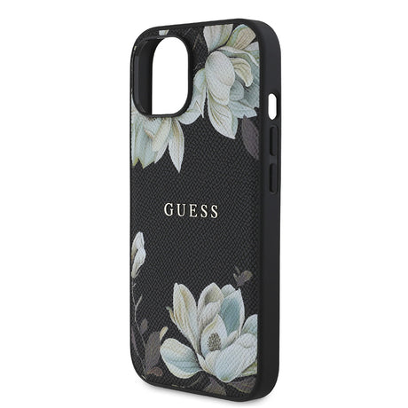 Apple iPhone 15 Kılıf Guess Orjinal Lisanslı M-safe Şarj Özellikli Taneli Çiçek Tasarımlı Metal Yazı Logolu Kapak