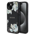 Apple iPhone 15 Kılıf Guess Orjinal Lisanslı M-safe Şarj Özellikli Taneli Çiçek Tasarımlı Metal Yazı Logolu Kapak