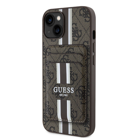 Apple iPhone 15 Kılıf Guess Orjinal Lisanslı M-safe Şarj Özellikli 4G Desenli Çizgili Kartlıklı Kapak