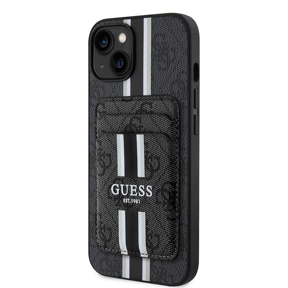 Apple iPhone 15 Kılıf Guess Orjinal Lisanslı M-safe Şarj Özellikli 4G Desenli Çizgili Kartlıklı Kapak