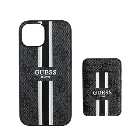 Apple iPhone 15 Kılıf Guess Orjinal Lisanslı M-safe Şarj Özellikli 4G Desenli Çizgili Kartlıklı Kapak