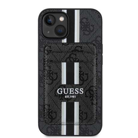 Apple iPhone 15 Kılıf Guess Orjinal Lisanslı M-safe Şarj Özellikli 4G Desenli Çizgili Kartlıklı Kapak