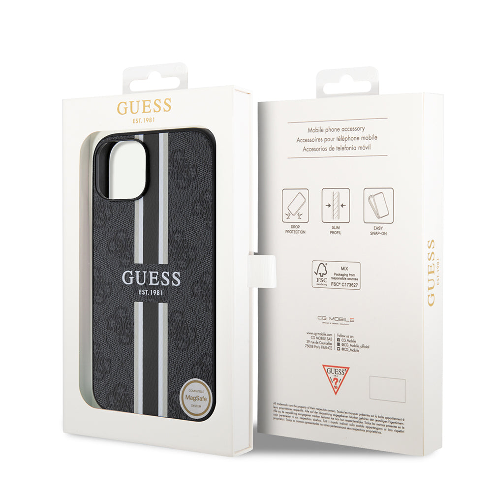 Apple iPhone 15 Kılıf Guess Orjinal Lisanslı M-safe Şarj Özellikli 4G Şerit Tasarımlı Printed Kapak