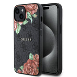 Apple iPhone 15 Kılıf Guess Orjinal Lisanslı M-safe Şarj Özellikli Gül Baskılı 4G Desenli Yazı Logolu Kapak