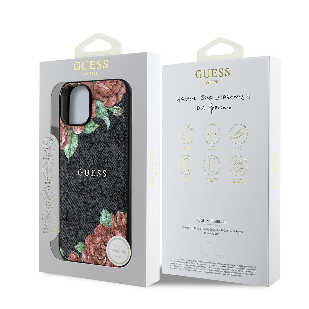 Apple iPhone 15 Kılıf Guess Orjinal Lisanslı M-safe Şarj Özellikli Gül Baskılı 4G Desenli Yazı Logolu Kapak
