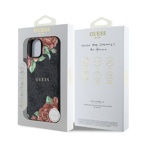 Apple iPhone 15 Kılıf Guess Orjinal Lisanslı M-safe Şarj Özellikli Gül Baskılı 4G Desenli Yazı Logolu Kapak