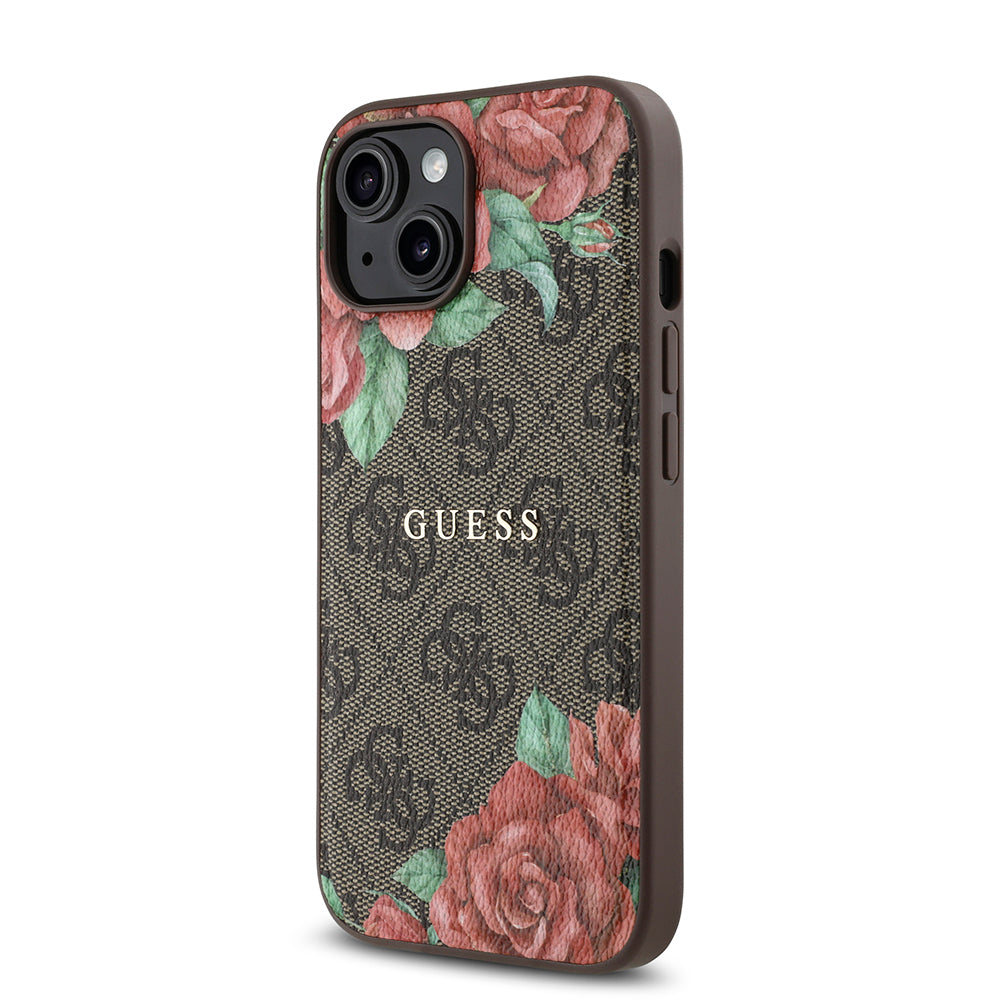 Apple iPhone 15 Kılıf Guess Orjinal Lisanslı M-safe Şarj Özellikli Gül Baskılı 4G Desenli Yazı Logolu Kapak