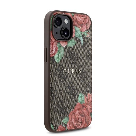 Apple iPhone 15 Kılıf Guess Orjinal Lisanslı M-safe Şarj Özellikli Gül Baskılı 4G Desenli Yazı Logolu Kapak