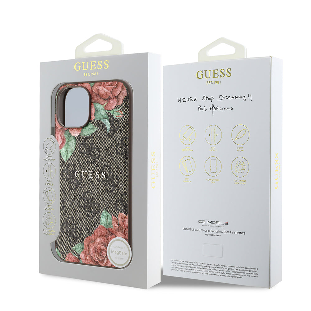 Apple iPhone 15 Kılıf Guess Orjinal Lisanslı M-safe Şarj Özellikli Gül Baskılı 4G Desenli Yazı Logolu Kapak