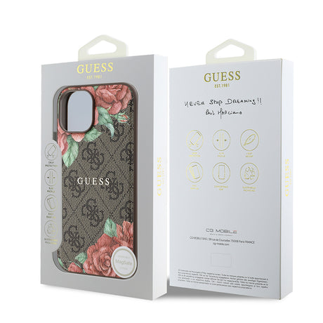 Apple iPhone 15 Kılıf Guess Orjinal Lisanslı M-safe Şarj Özellikli Gül Baskılı 4G Desenli Yazı Logolu Kapak