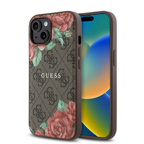 Apple iPhone 15 Kılıf Guess Orjinal Lisanslı M-safe Şarj Özellikli Gül Baskılı 4G Desenli Yazı Logolu Kapak