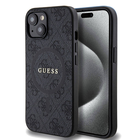 Apple iPhone 15 Kılıf Guess Orjinal Lisanslı M-safe Şarj Özellikli PU Halkalı 4G Desenli Yazı Logolu Kapak