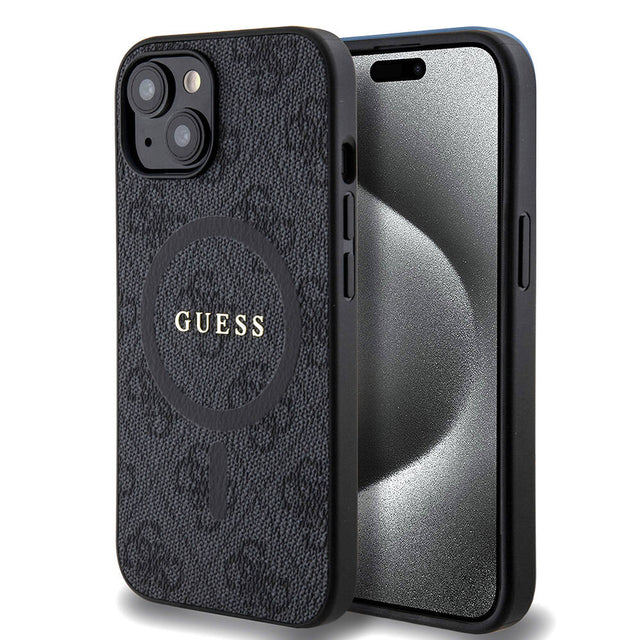 Apple iPhone 15 Kılıf Guess Orjinal Lisanslı M-safe Şarj Özellikli PU Halkalı 4G Desenli Yazı Logolu Kapak