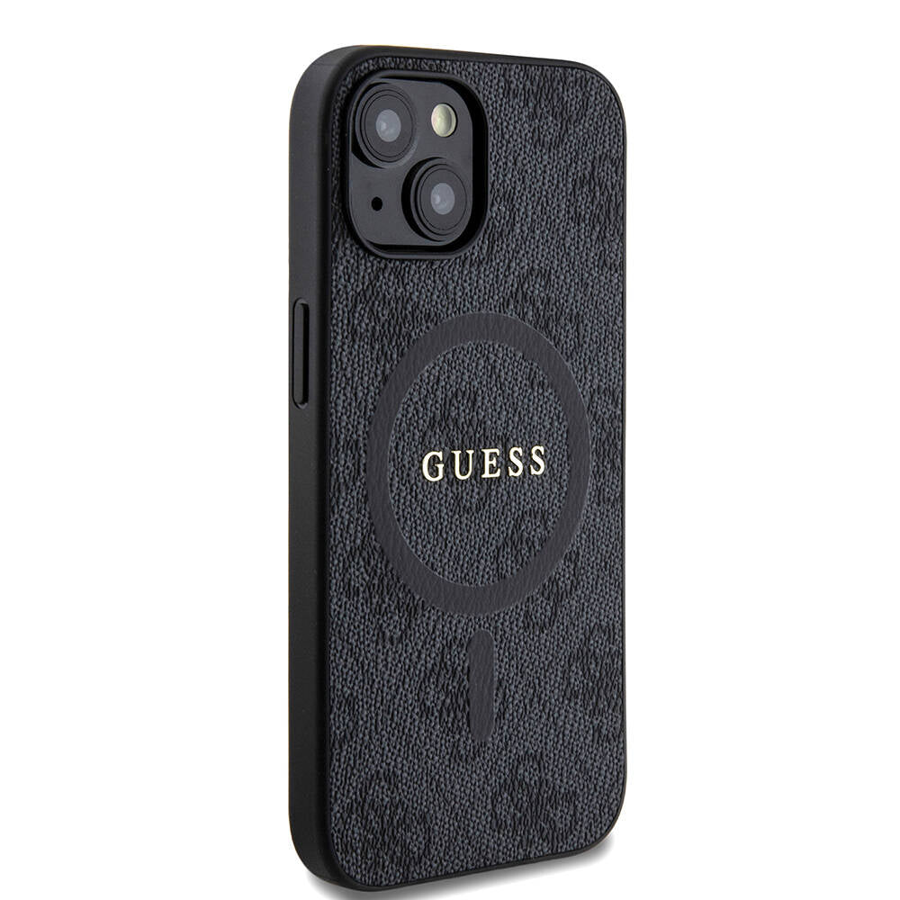 Apple iPhone 15 Kılıf Guess Orjinal Lisanslı M-safe Şarj Özellikli PU Halkalı 4G Desenli Yazı Logolu Kapak