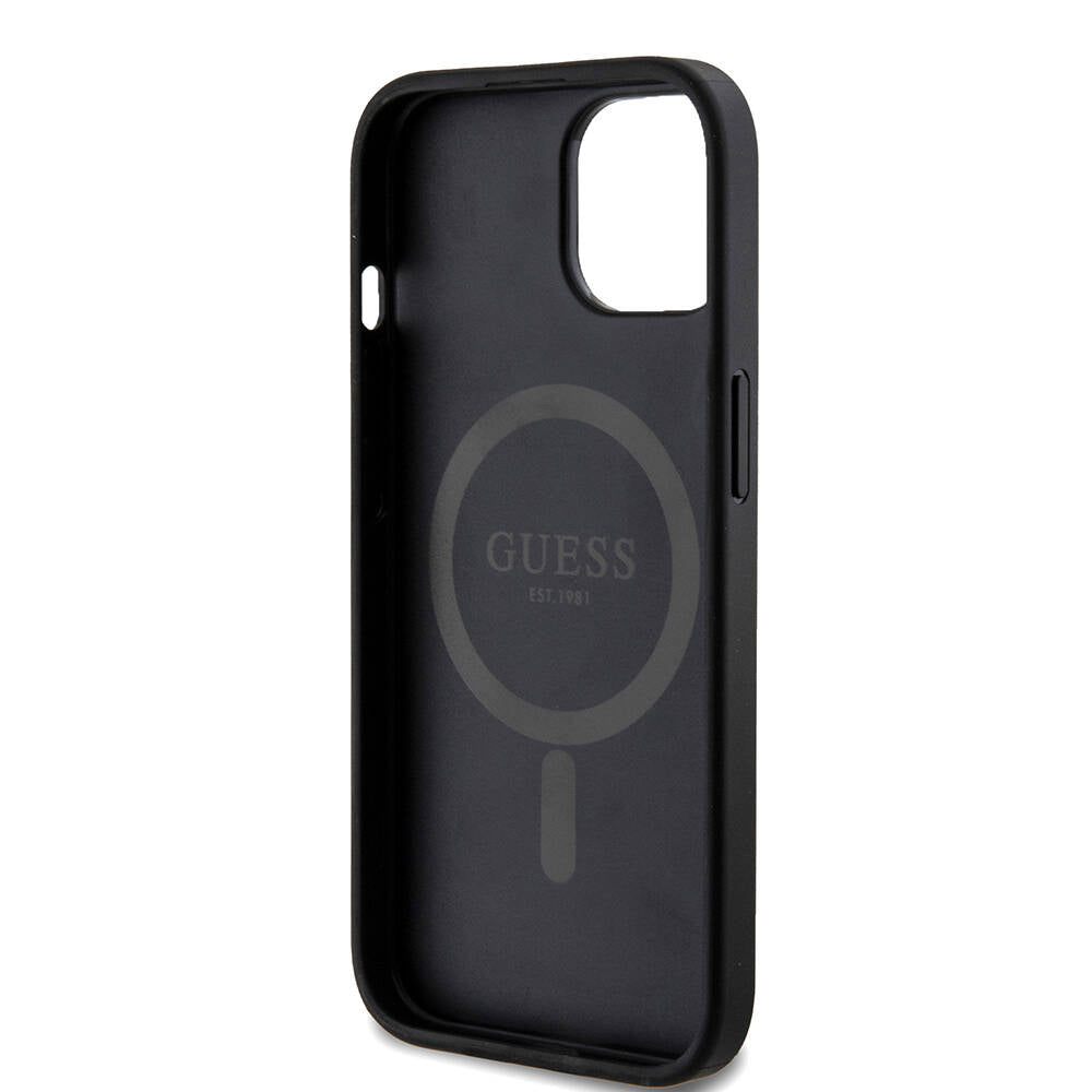 Apple iPhone 15 Kılıf Guess Orjinal Lisanslı M-safe Şarj Özellikli PU Halkalı 4G Desenli Yazı Logolu Kapak