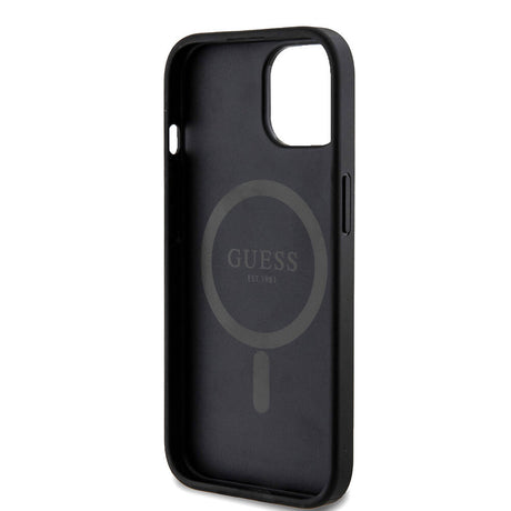 Apple iPhone 15 Kılıf Guess Orjinal Lisanslı M-safe Şarj Özellikli PU Halkalı 4G Desenli Yazı Logolu Kapak