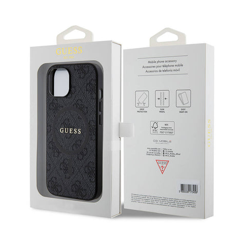 Apple iPhone 15 Kılıf Guess Orjinal Lisanslı M-safe Şarj Özellikli PU Halkalı 4G Desenli Yazı Logolu Kapak