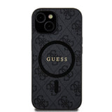 Apple iPhone 15 Kılıf Guess Orjinal Lisanslı M-safe Şarj Özellikli PU Halkalı 4G Desenli Yazı Logolu Kapak