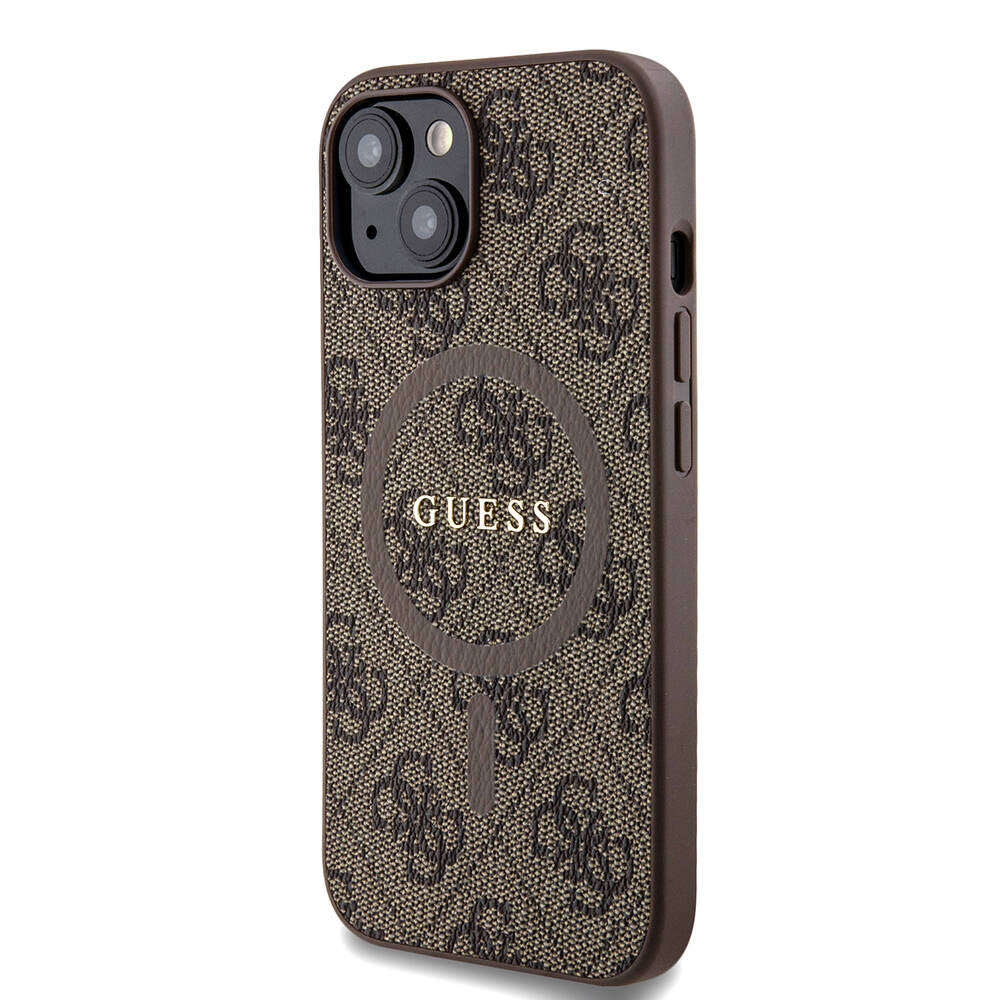 Apple iPhone 15 Kılıf Guess Orjinal Lisanslı M-safe Şarj Özellikli PU Halkalı 4G Desenli Yazı Logolu Kapak