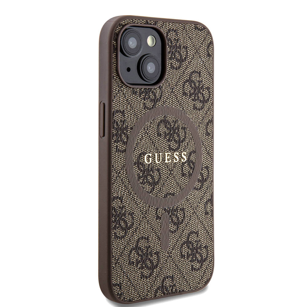 Apple iPhone 15 Kılıf Guess Orjinal Lisanslı M-safe Şarj Özellikli PU Halkalı 4G Desenli Yazı Logolu Kapak