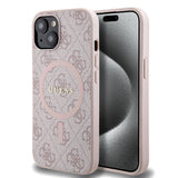 Apple iPhone 15 Kılıf Guess Orjinal Lisanslı M-safe Şarj Özellikli PU Halkalı 4G Desenli Yazı Logolu Kapak