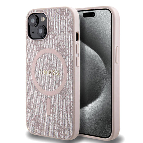 Apple iPhone 15 Kılıf Guess Orjinal Lisanslı M-safe Şarj Özellikli PU Halkalı 4G Desenli Yazı Logolu Kapak