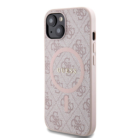 Apple iPhone 15 Kılıf Guess Orjinal Lisanslı M-safe Şarj Özellikli PU Halkalı 4G Desenli Yazı Logolu Kapak