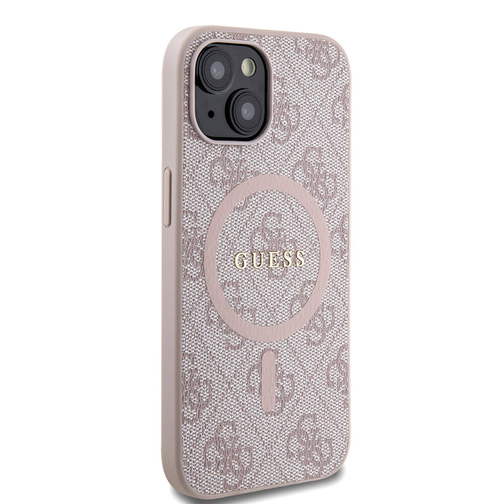 Apple iPhone 15 Kılıf Guess Orjinal Lisanslı M-safe Şarj Özellikli PU Halkalı 4G Desenli Yazı Logolu Kapak