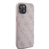 Apple iPhone 15 Kılıf Guess Orjinal Lisanslı M-safe Şarj Özellikli PU Halkalı 4G Desenli Yazı Logolu Kapak