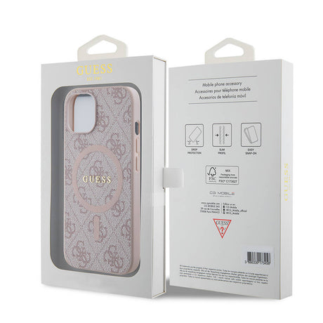 Apple iPhone 15 Kılıf Guess Orjinal Lisanslı M-safe Şarj Özellikli PU Halkalı 4G Desenli Yazı Logolu Kapak