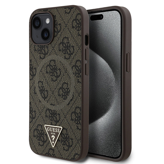 Apple iPhone 15 Kılıf Guess Orjinal Lisanslı M-safe Şarj Özellikli PU Üçgen Logo 4G Desenli Kapak