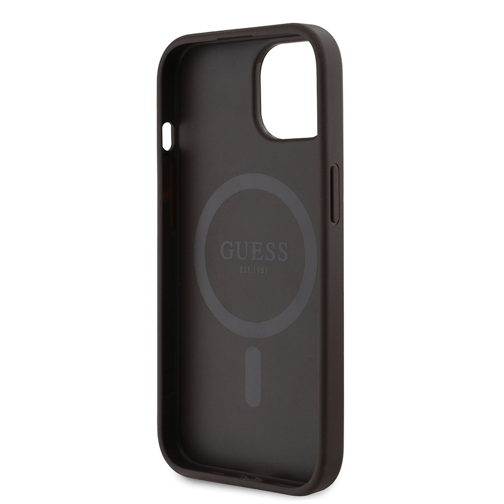 Apple iPhone 15 Kılıf Guess Orjinal Lisanslı M-safe Şarj Özellikli PU Üçgen Logo 4G Desenli Kapak